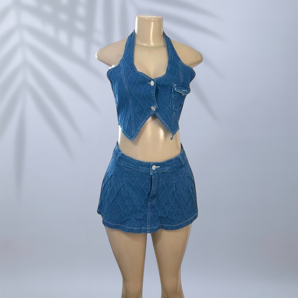 Denim Halter V-Neck Vest and Pleated Mini Skirt 2-Piece Set ✧ S - Picture 3 of 6
